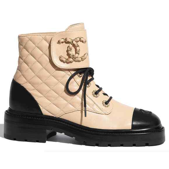 Chanel 20A Black Beige Quilted CC Chain Combat Lace Up Tie Ankle Short Boot 36.5 - Picture 1 of 12